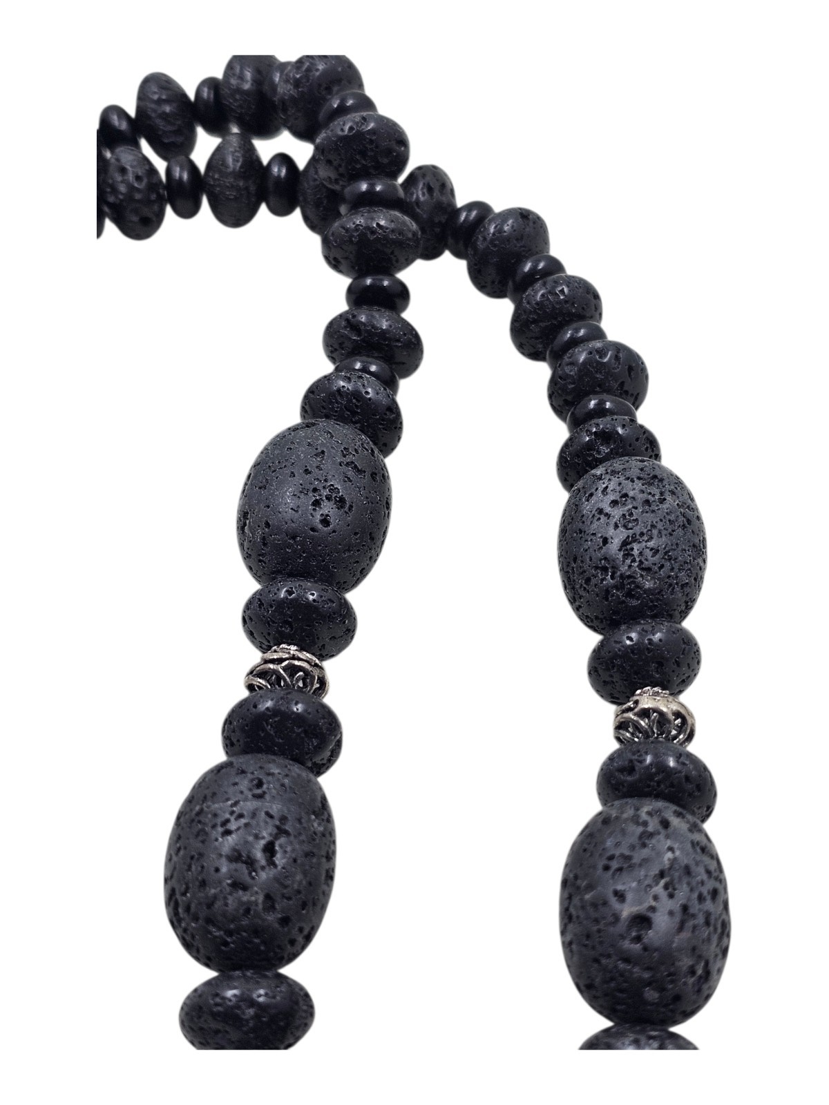 Black Lava Rock Bead Necklace Silver Accent Beads Large Pendant 20″ Statement