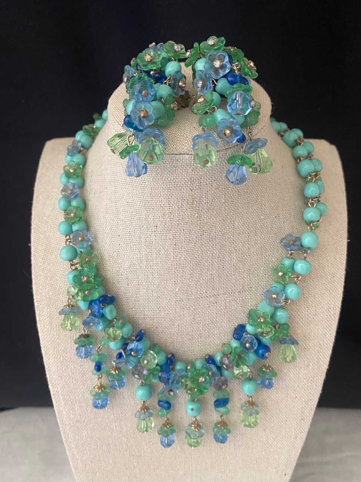 Vintage Mid Century Blue Green Glass Floral Necklace and Earrings Set Germany