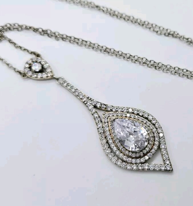 Crystal Pendant Necklace Silver Tone 18 in Elegant Prom Wedding Pageant 20 in