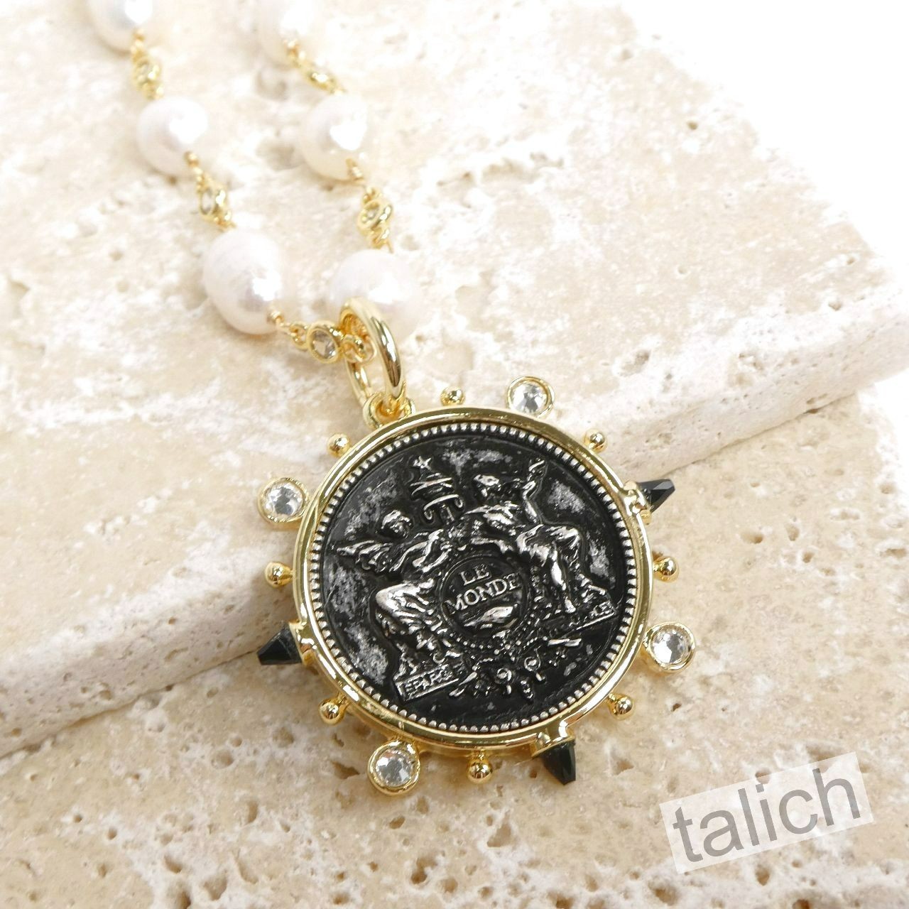 Designer VB&CO Chunky White Pearl Necklace with Large Le Monde Coin Pendant Chic