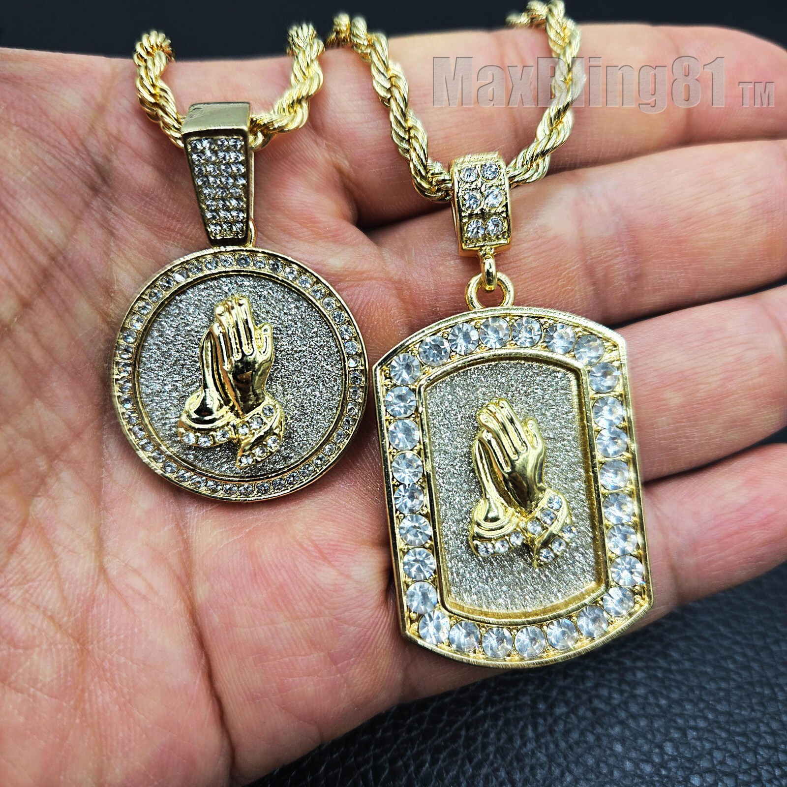 Hip Hop Iced Praying Hands Dog Tag Medal CZ Pendant & 24″ Rope Chain Necklace