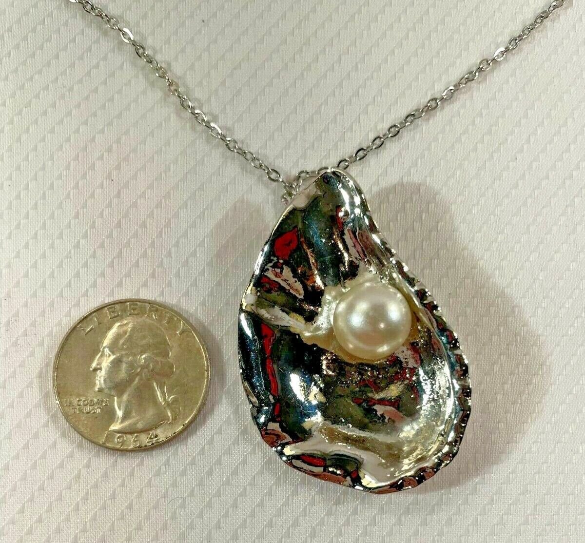 Oyster Shell Silver Necklace 30″ Stainless Chain Sea Coastal Jewelry NEW