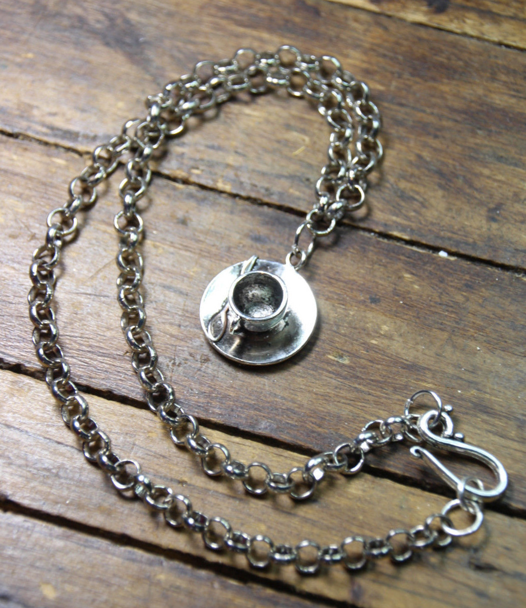 Coffee Cup Pewter Pendant Charm Silver Stainless Steel Chain 18″ Necklace