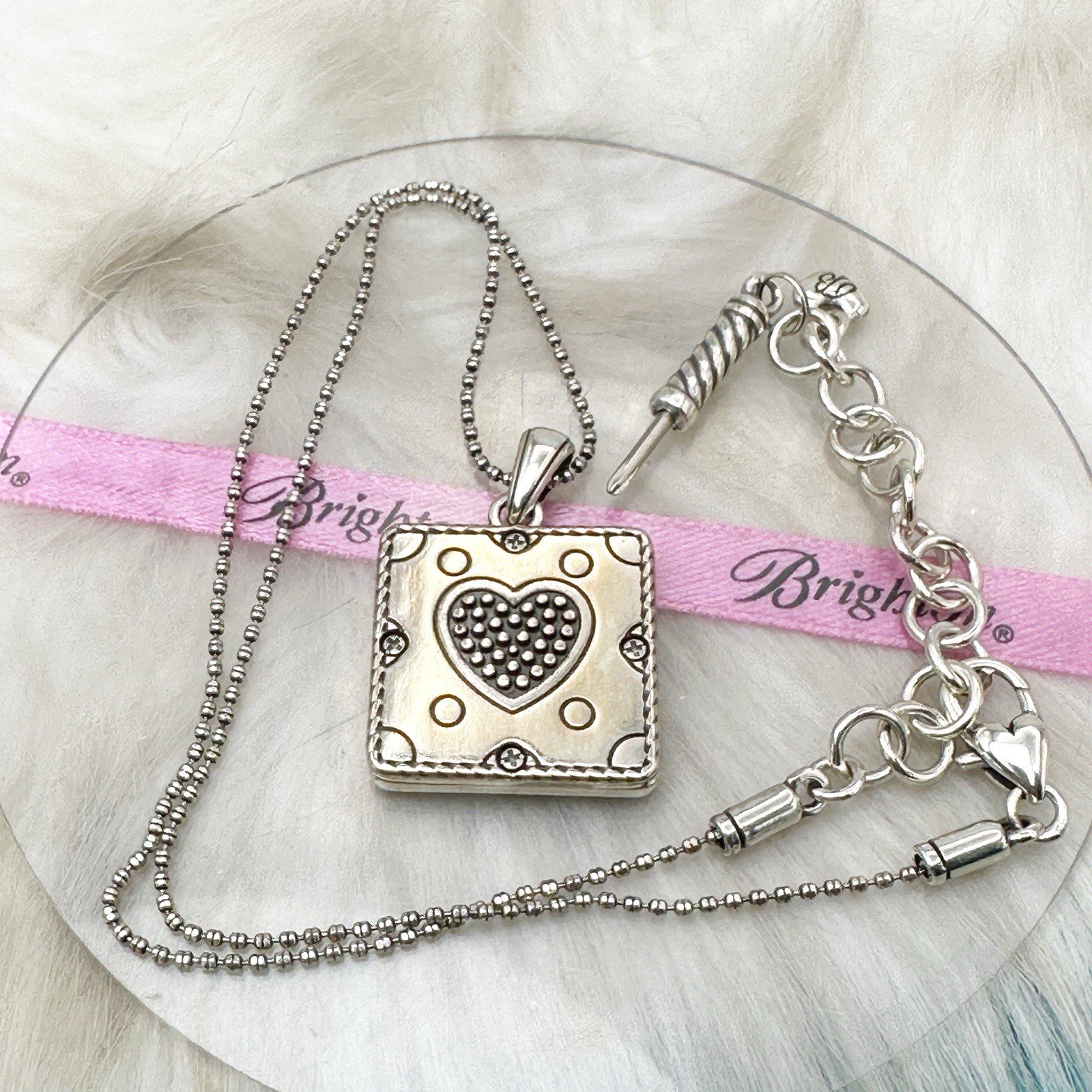 Brighton Momento Crystal Square Photo Locket Pendant Silver Plate Necklace