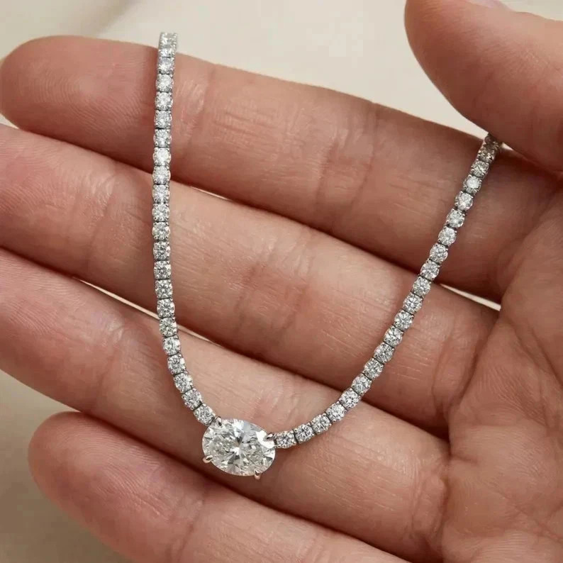 15TCW Oval Cut Lab Created Diamond Tennis Necklace 14k White Gold Plated