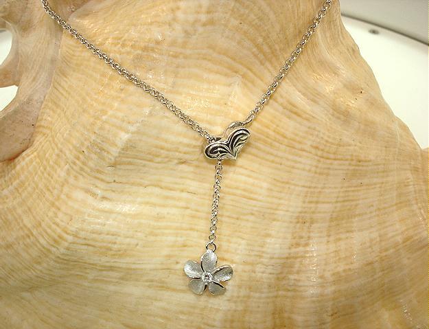 11.5MM 14K WHITE GOLD-PLATED 925 SILVER HAWAIIAN PLUMERIA CZ ADJUST NECKLACE #1