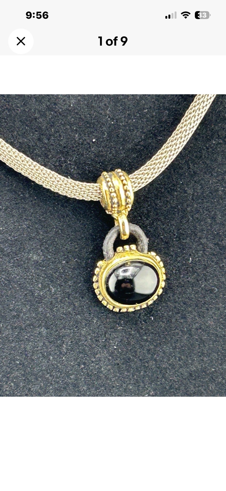 Black Cabochon Silver/Gold/Brass Tone Pendant And Mesh Necklace, CHOKER STYLE