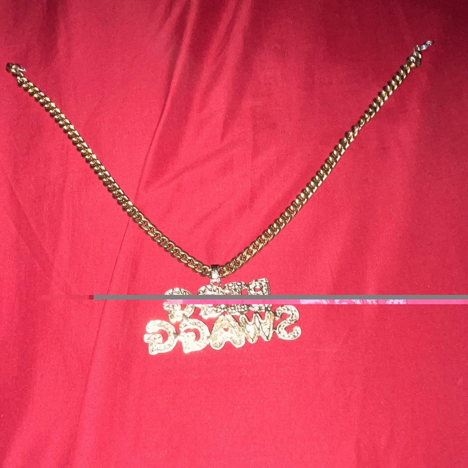 Gold Curb Chain Necklace Engraved “BIGG SWAGG” Letter Pavé Rhinestone