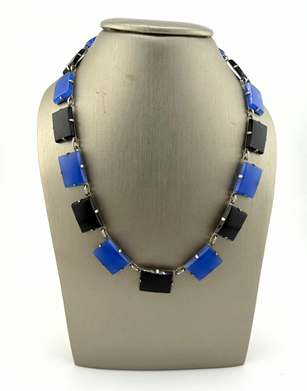 Vintage Art Deco Silver Necklace with Black and Blue Onyx