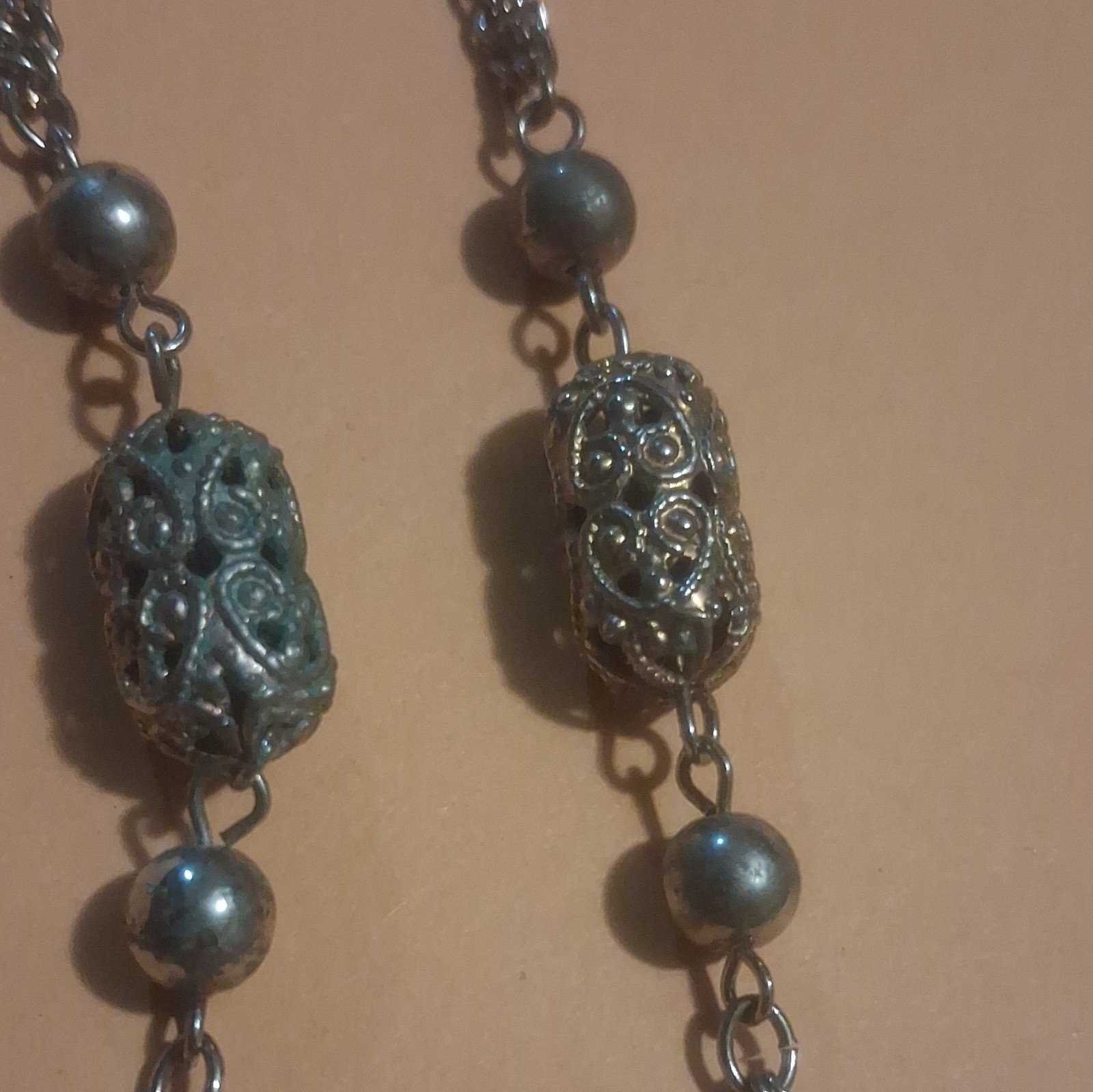 Silver Tone Rope Chain Beaded Necklace, Black/Gray Barrel Beads, Spring Ring