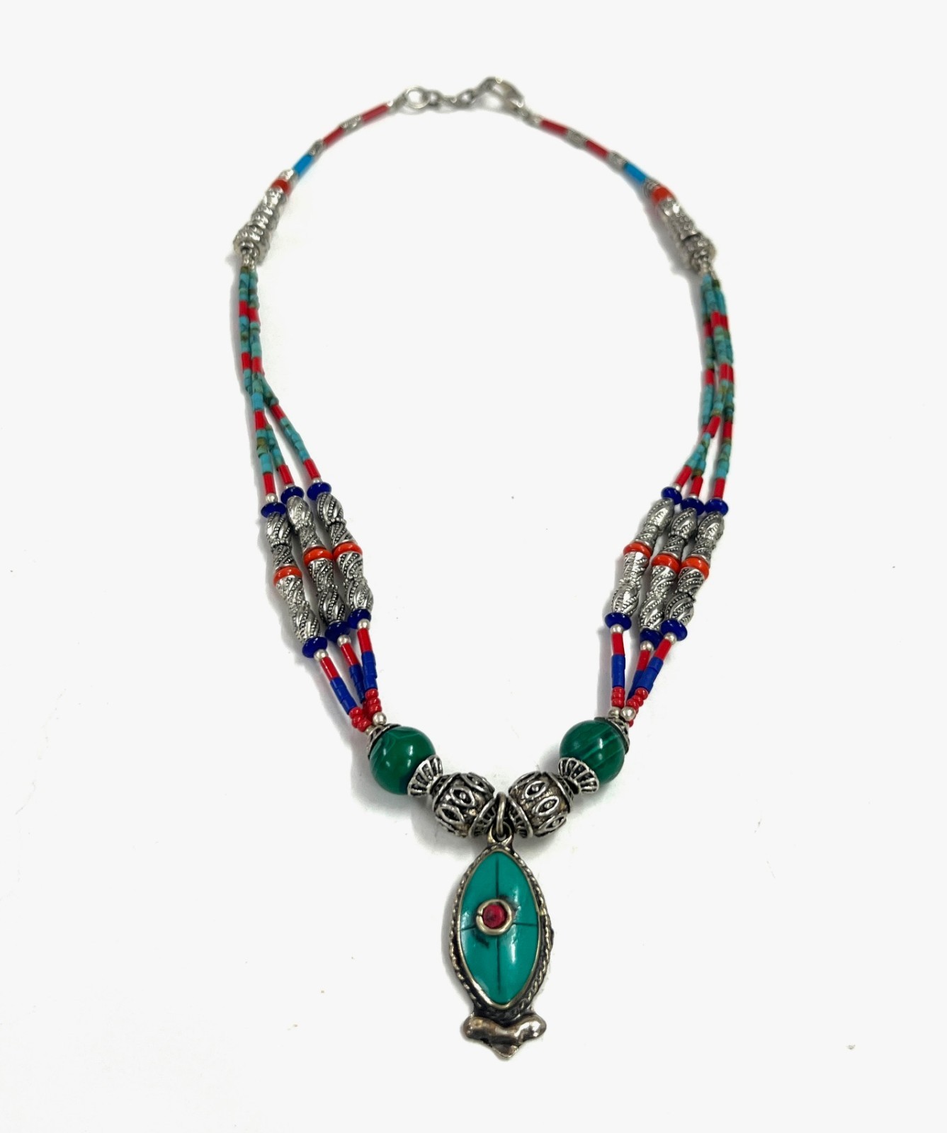 Ethnic Turquoise Coral Gemstone Tibetan Bohemian Necklace Jewelry, 16 Inch Adjs