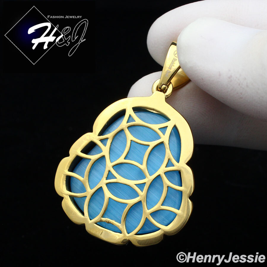 18″-36″Stainless Steel 3mm Gold Plated Chain Light Blue Rhinestone Pendant*GP117