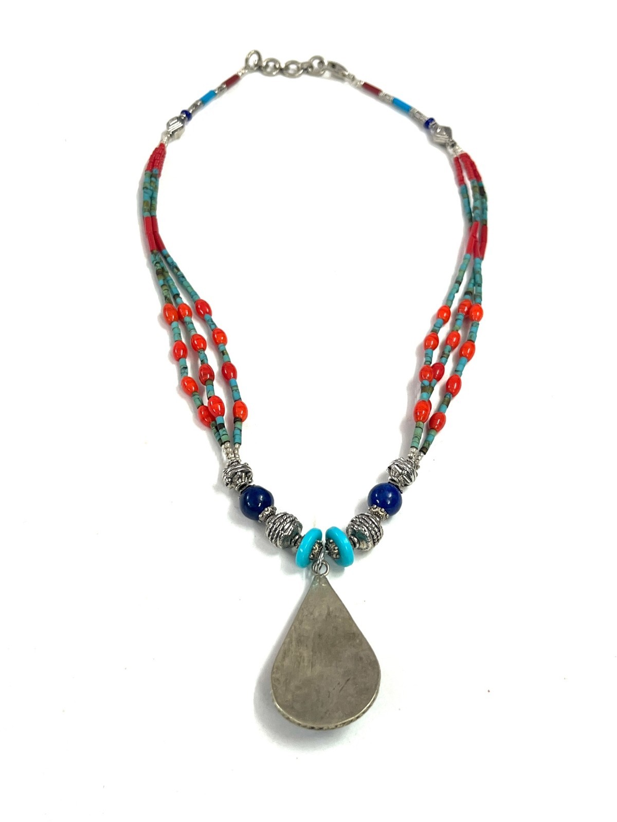 Antique Coral Turquoise Gemstone Tibetan Art Deco Necklace Jewelry, 18 inch Adju