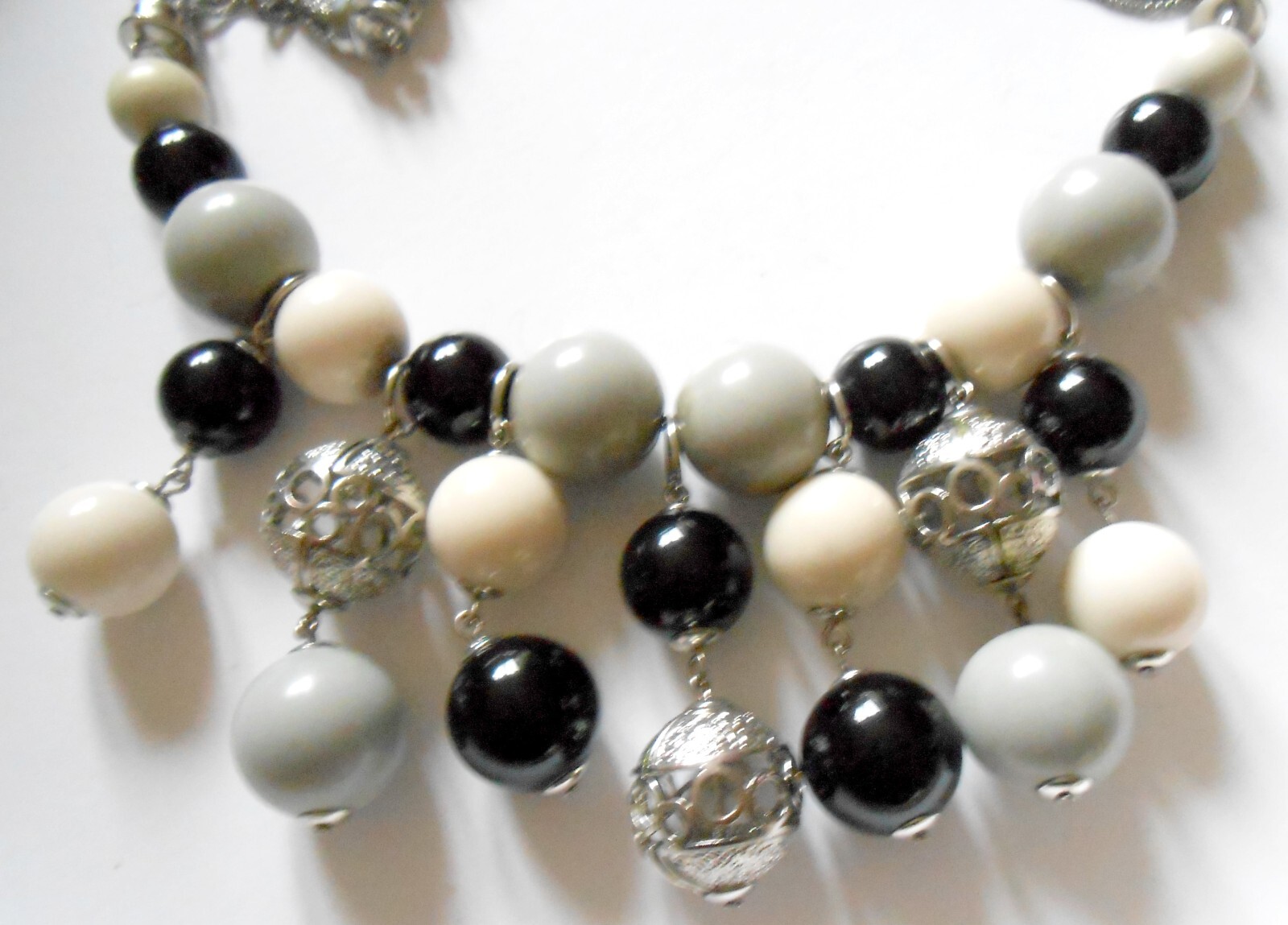 Jaeger Tassel Statement Necklace silver chains black grey cream beads vgc