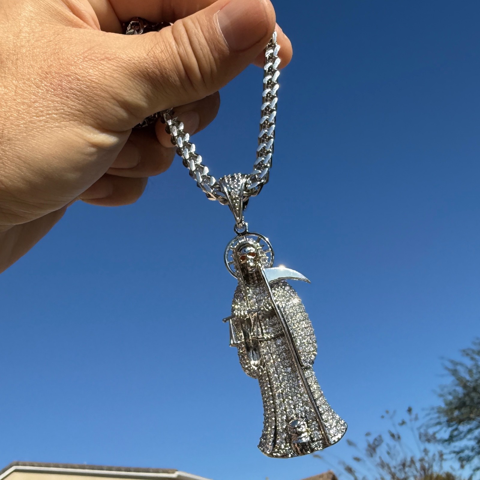 La Santa Muerte Pendant Cadena 3.5″ w/Stainless Steel Franco Chain Necklace 30″