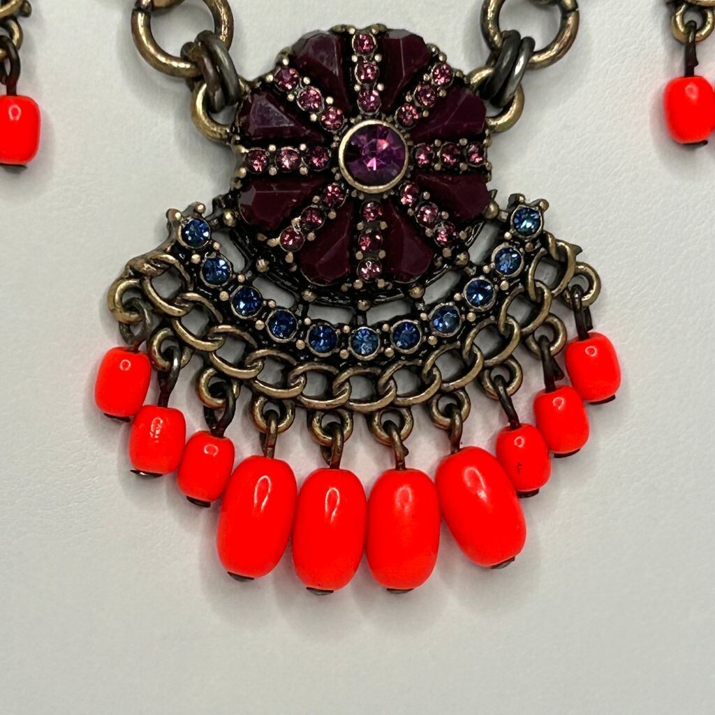 J Crew Necklace 18in +3 Brass Tone Neon Orange Bead Purple Crystals READ Flaw