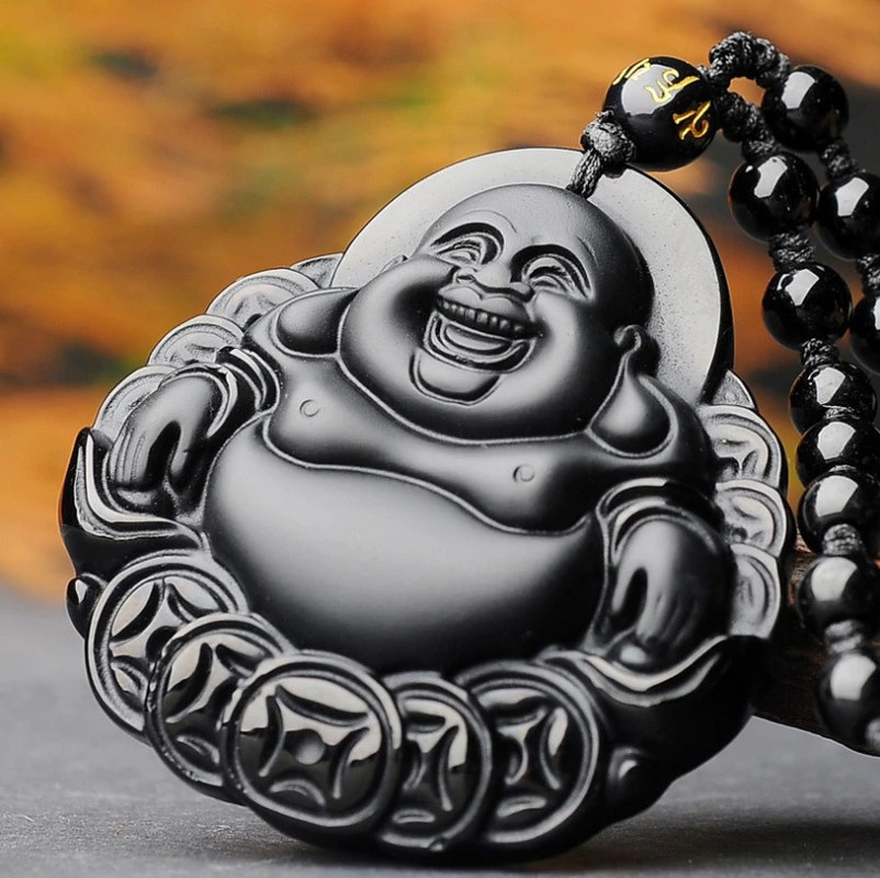Men’s Fashion Jewelry Frosted Black Stone Beaded Buddha Pendant Necklace 490