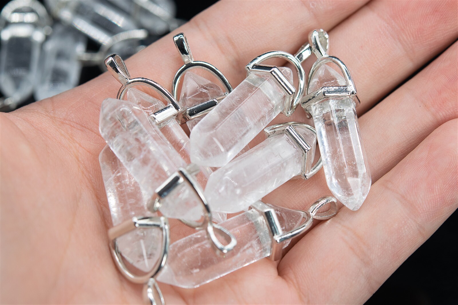 2Pcs 39x8MM Crystal Clear Quartz Hexagonal Pointed Pendant Silver Plated Cap