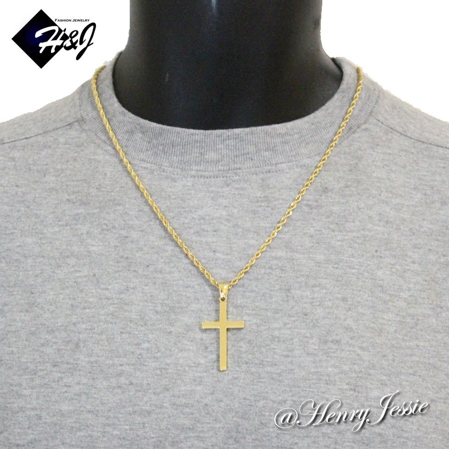 20″MEN Stainless Steel 2.5mm Gold Plated Rope Chain Necklace Cross Pendant*GP