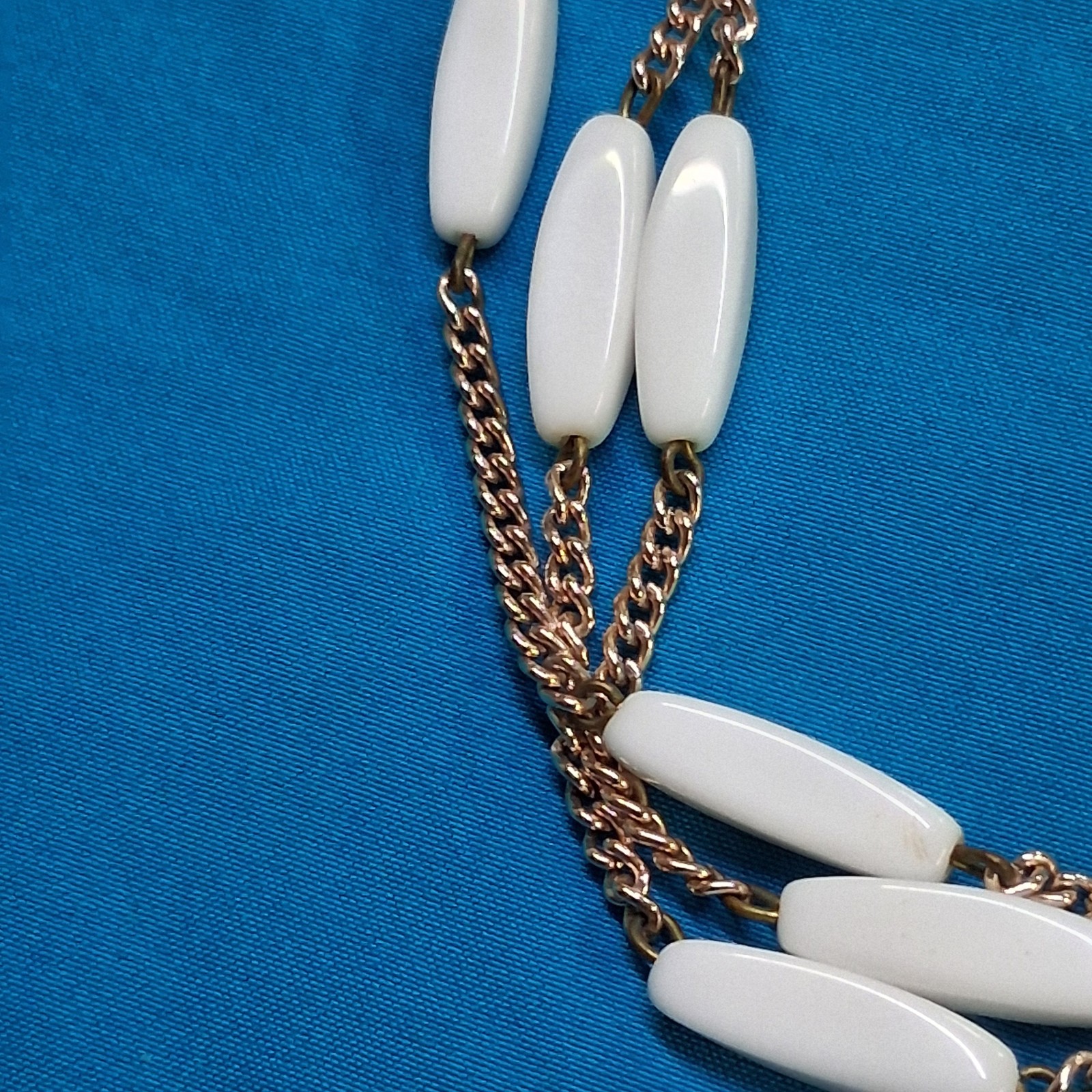 Vintage West Germany Marked White Polished Stone 3-Tier Gold Tone Necklace