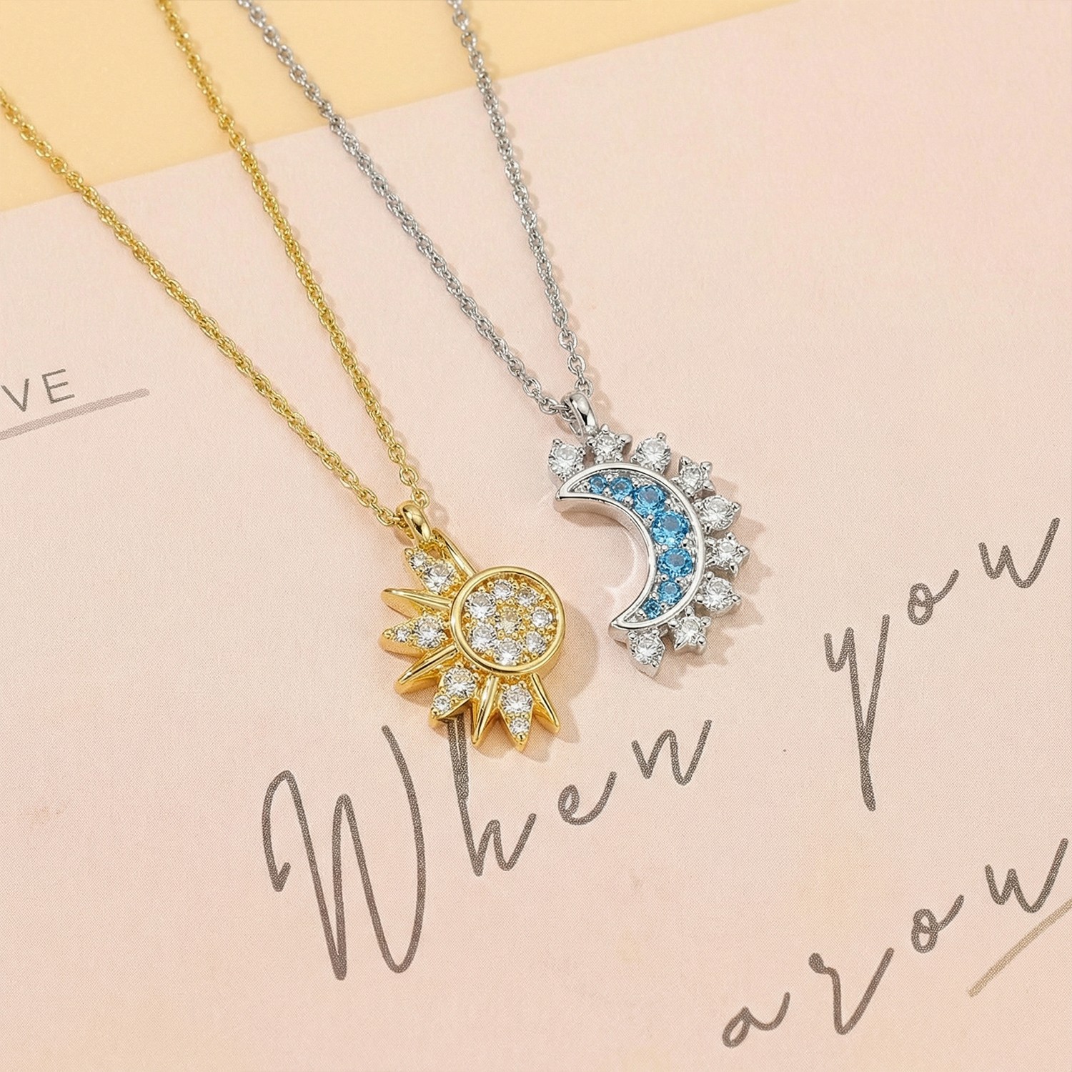 Blue Gemstone Sun & Moon Matching Necklace Set Magnetic & Adjustable Stainless