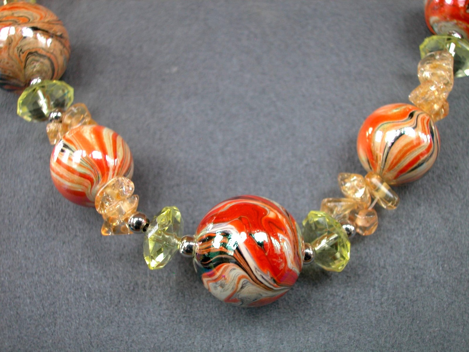 Beaded Necklace 18″ W/ 4″ Ext. Multicolor Swirl Beads & Yellow Crystal Accents