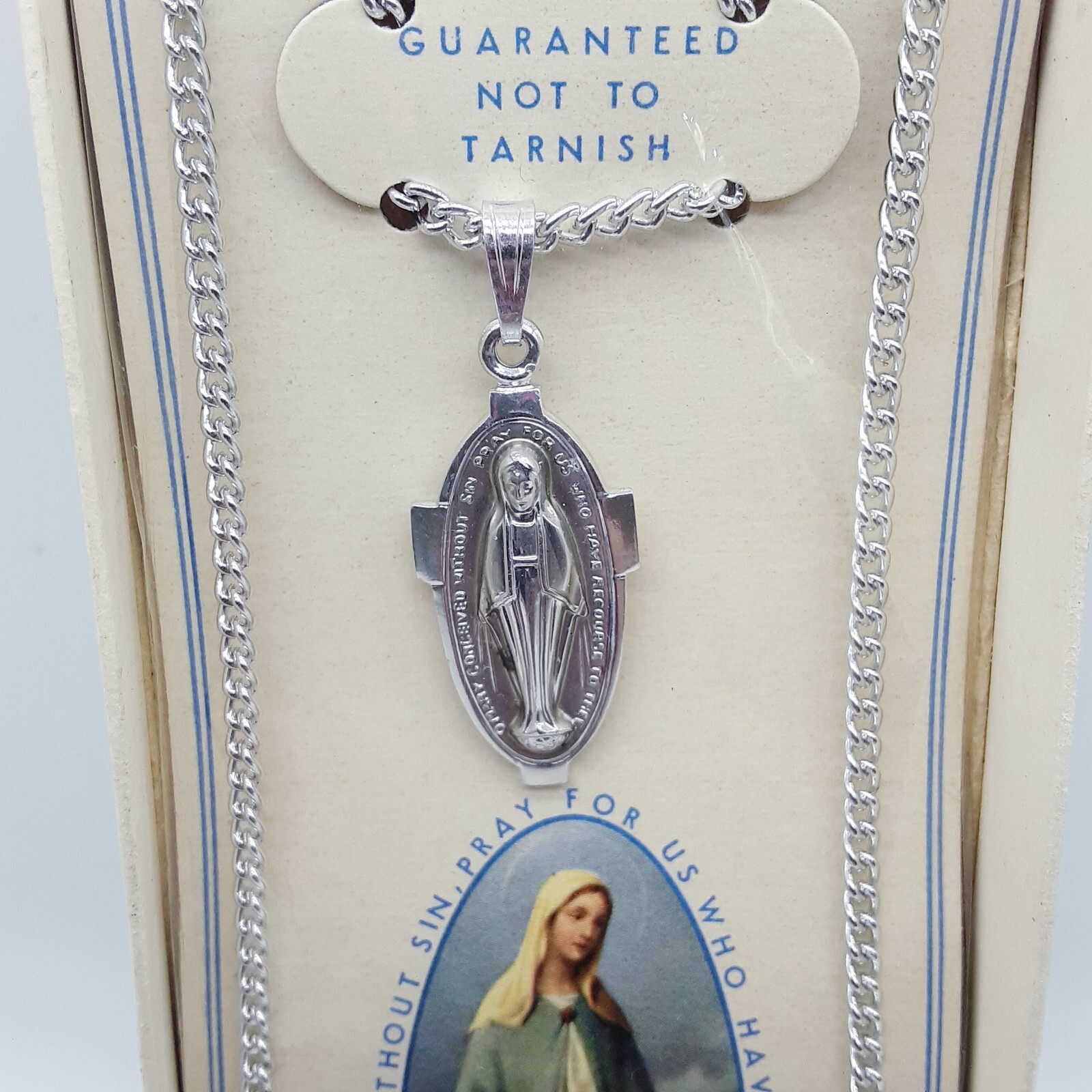 NOS Vintage Catholic Virgin Mary Medal Pendant Necklace 18″ Germany Made silver