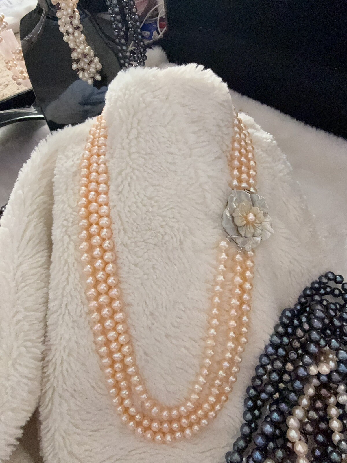 Cultured Pearl Necklace W. Real 925 Silver Clasp 3 Strands 2 Colors.