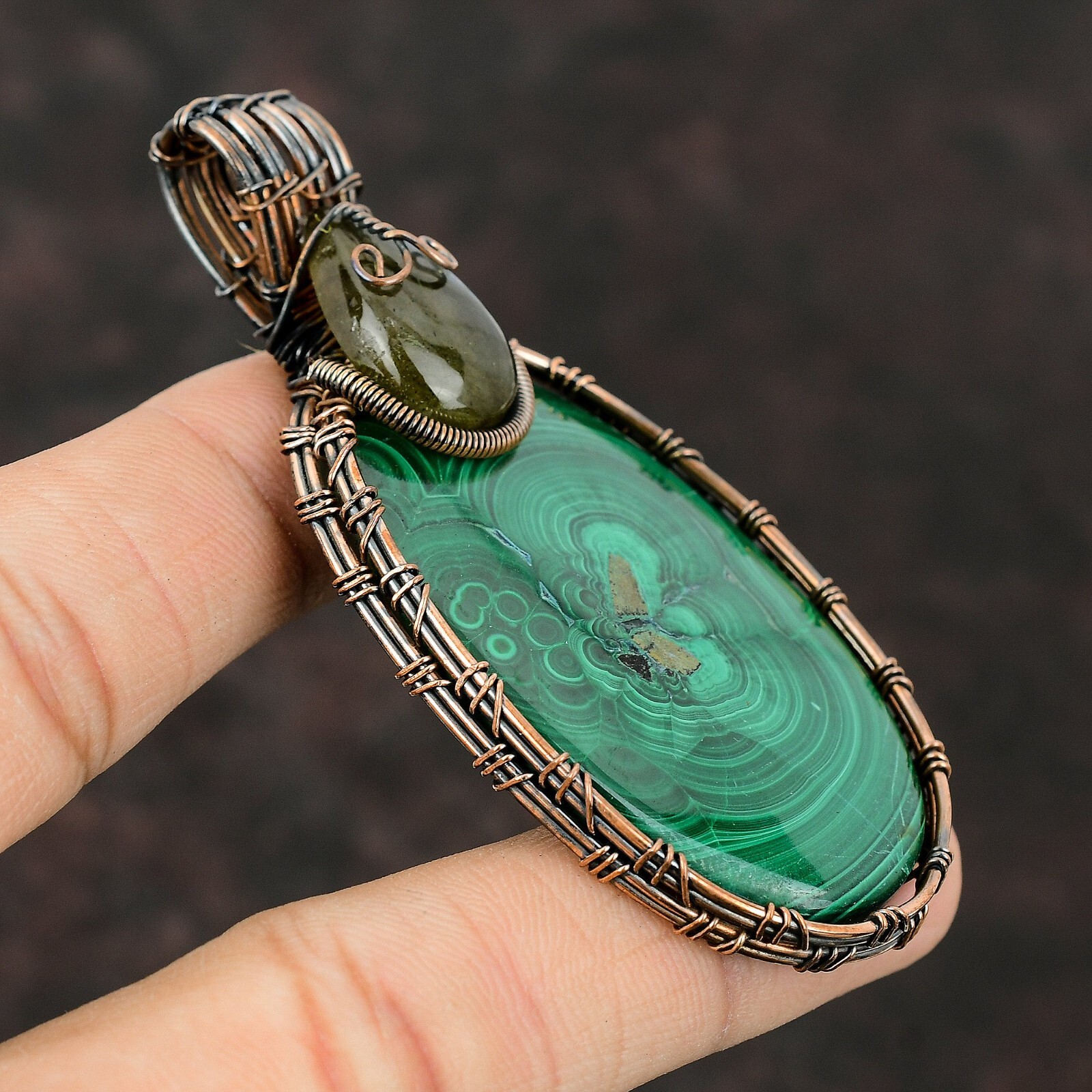 Gift For Her Russian Malachite Wire Wrapped Pendant Copper Jewelry 3.15″