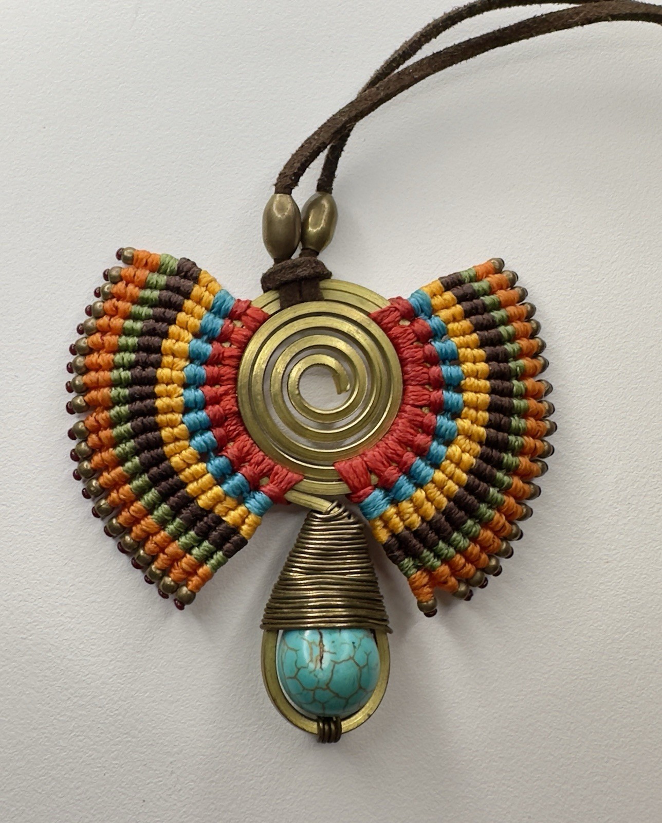 Tribal Path Turquoise Macrame Suede Handmade Necklace Evil Eye Artisan Nepal
