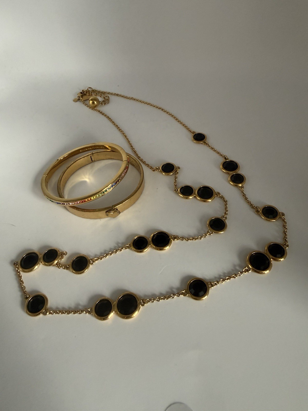Kate Spade Goldtone Necklace With Black Crystal Rhinestones + 2 Bangles Bracelet