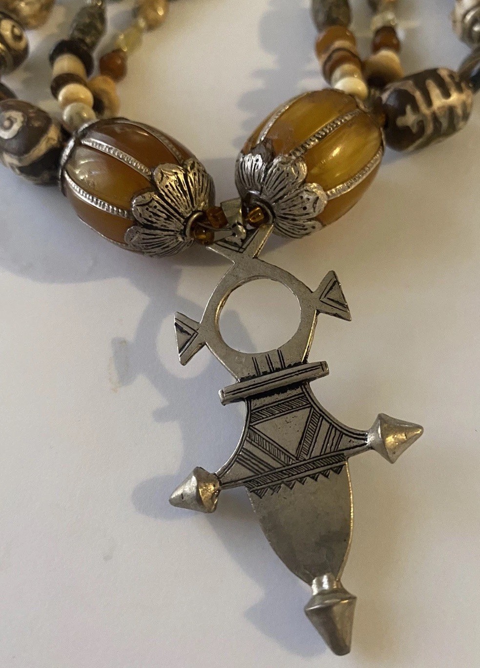 Global Trade Bead Necklace Amber Gemstone DZI Shell Glass Tuareg Cross Pendant