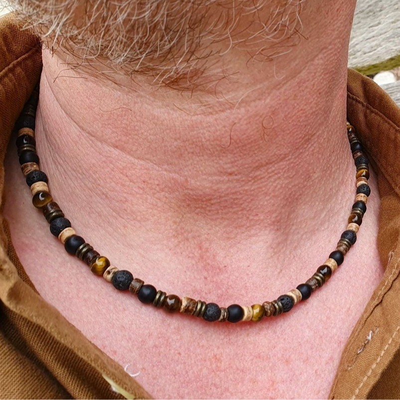 Mens Boho Necklace Tiger Eye Lava Stone Wood Beads Surfer Handmade Choker New