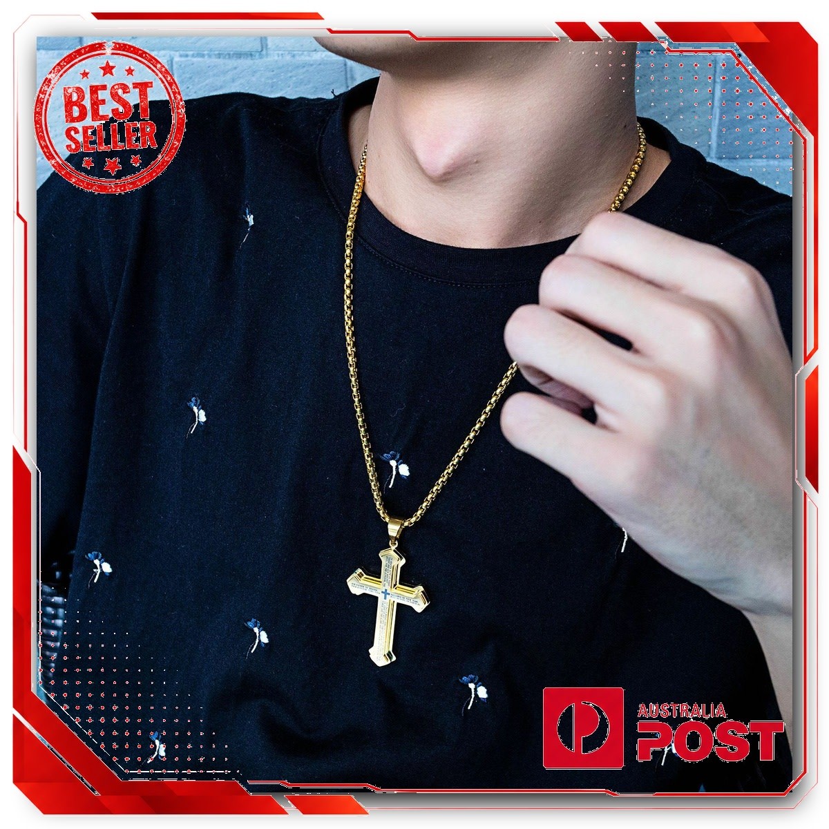 Men’s Stainless Steel Gold Silver Black Cross Bible Pendant Necklace