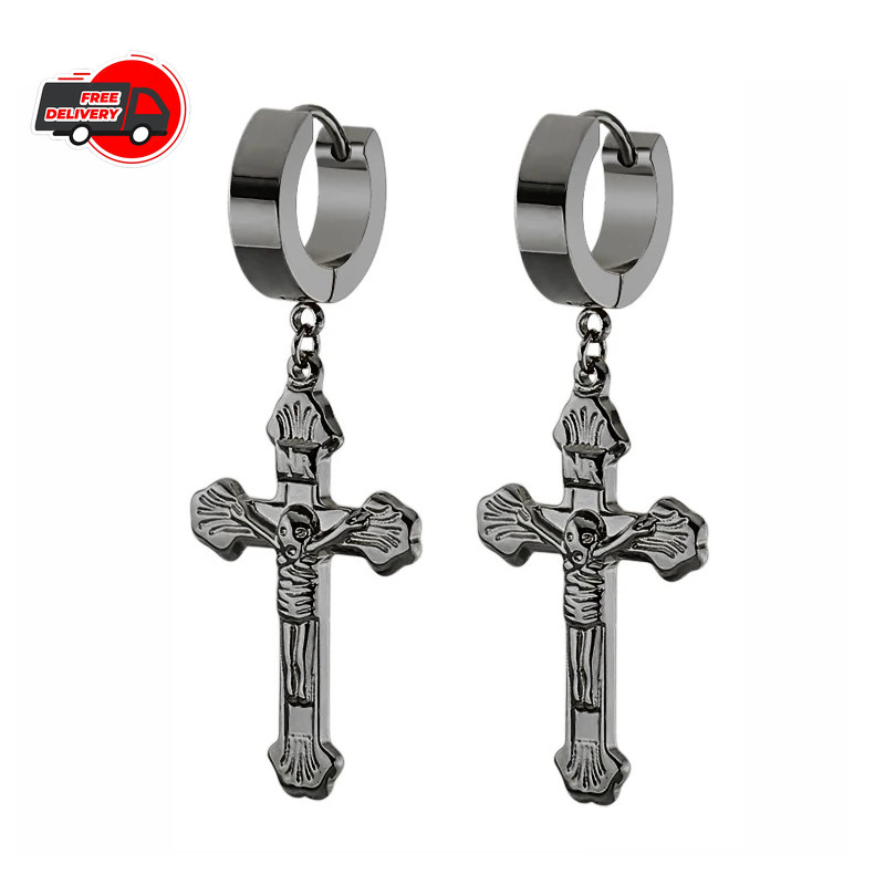 Punk Black Cross Stainless Steel Hoop Earrings for Women Men Fashion Vintage