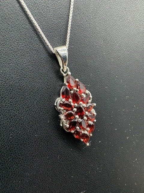 Natural Red Garnet Floral Cluster Pendant, Sterling Silver Statement Jewelry