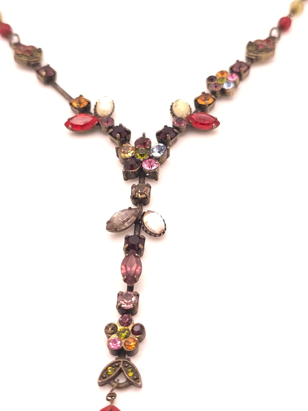 Vintage Multicolor Beaded Y-Drop Necklace Red Teardrop Crystal Floral Drop