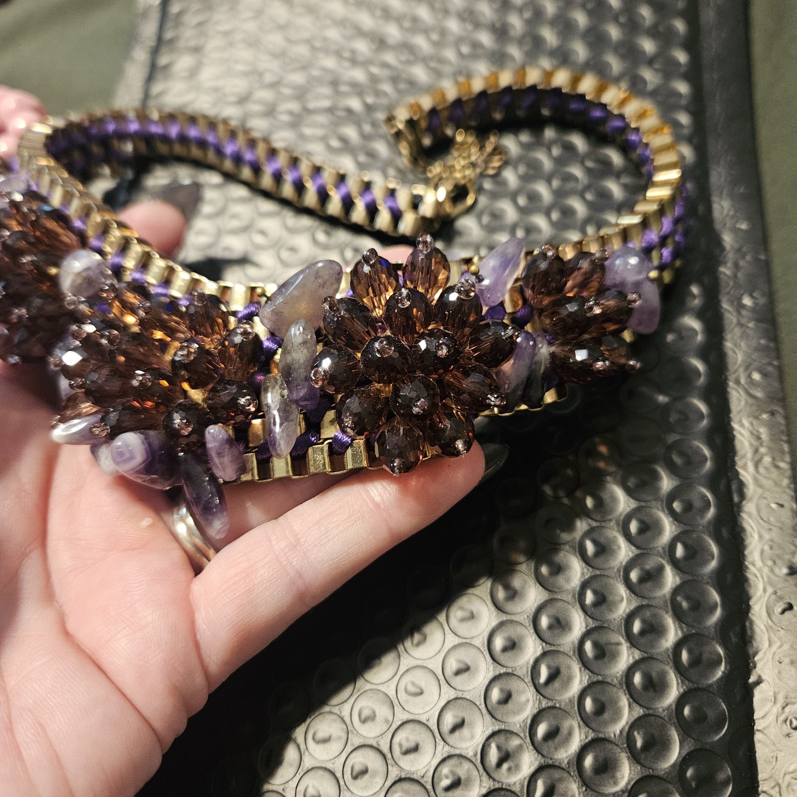 Purple Gold Tone Statement Bib Necklace Crystal Cluster Link Chain Adjustable