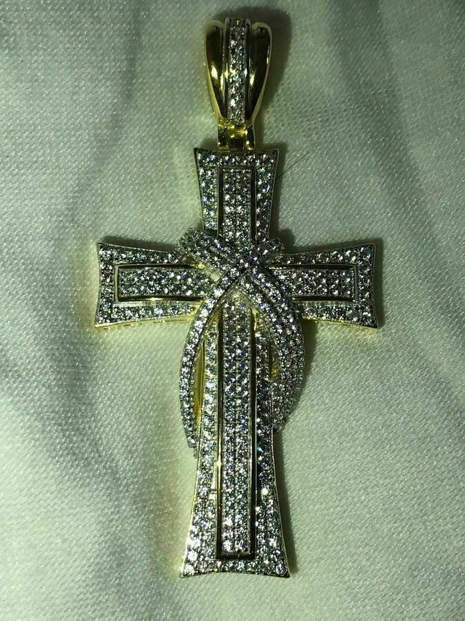 Cross Crucifix Pendant Simulated Diamonds 14K Gold Plated 925 Sterling Silver
