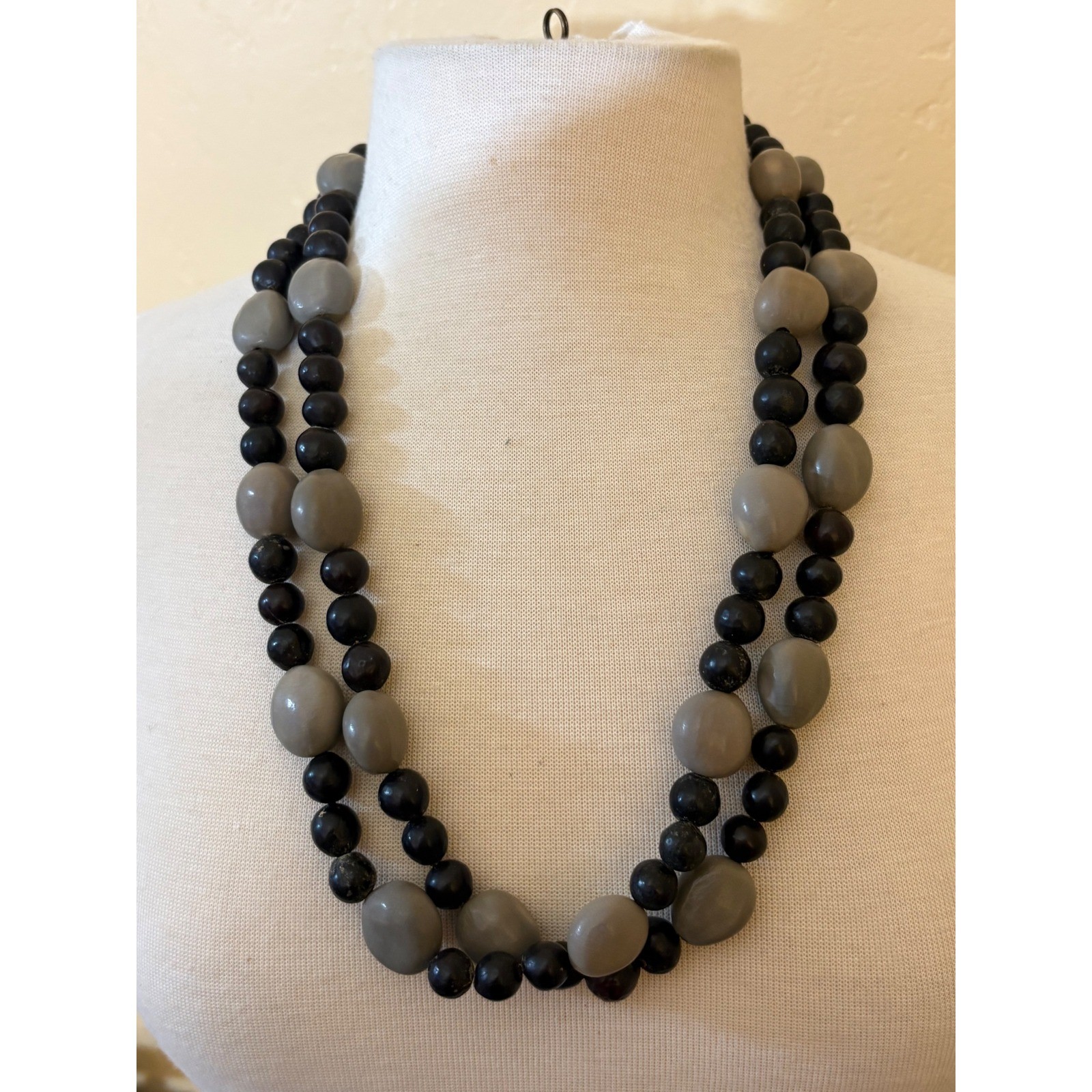 Vintage Black and Grey Organic Seed Bead Double Strand Long Necklace