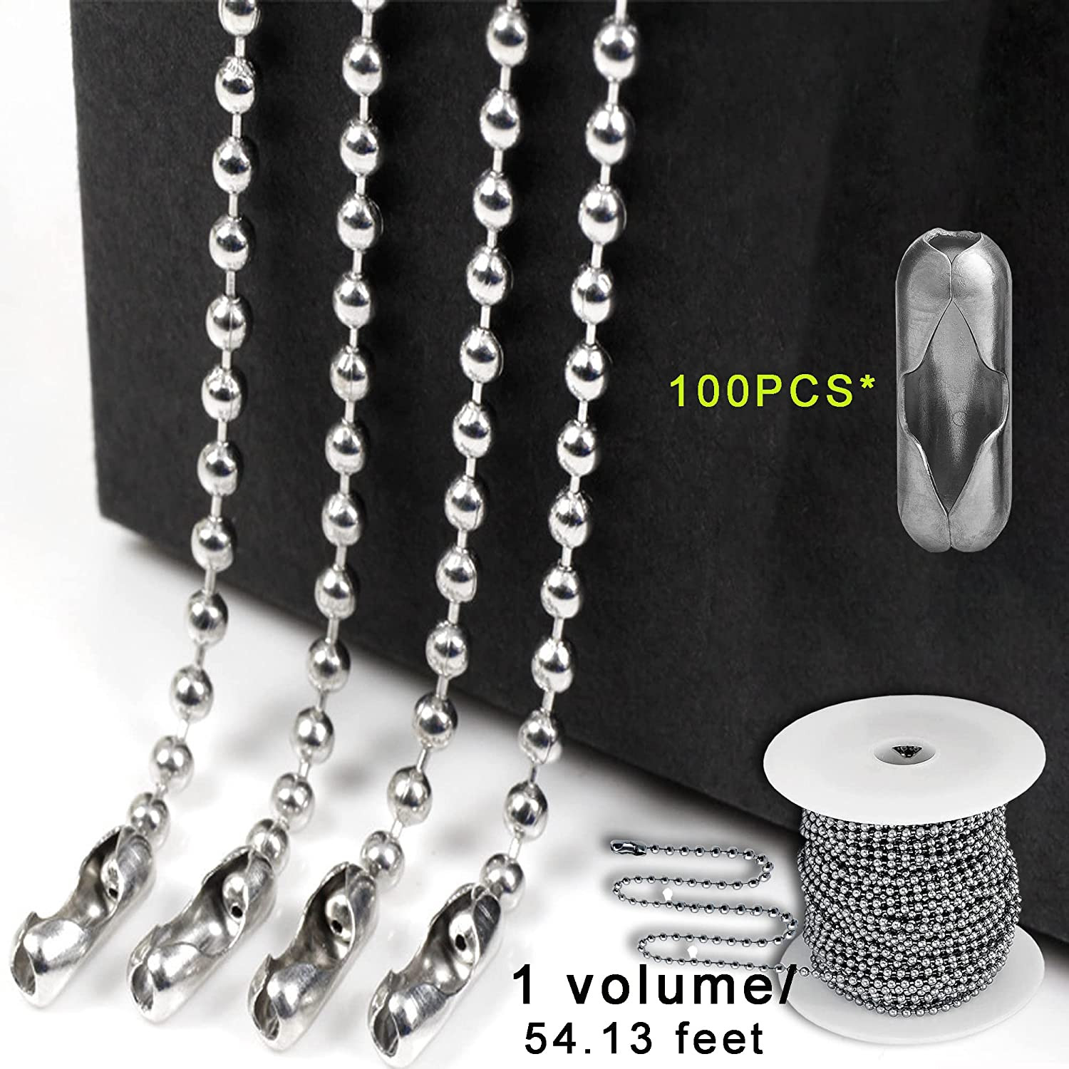 Ball Bead Chain, 55ft Stainless Steel Chain Ball Chain Necklace Bulk with 100 Pi