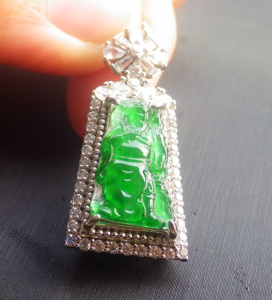 Video Certified Silver 925 Green A Jade jadeite Pendant Guan Gong God 124818 TS