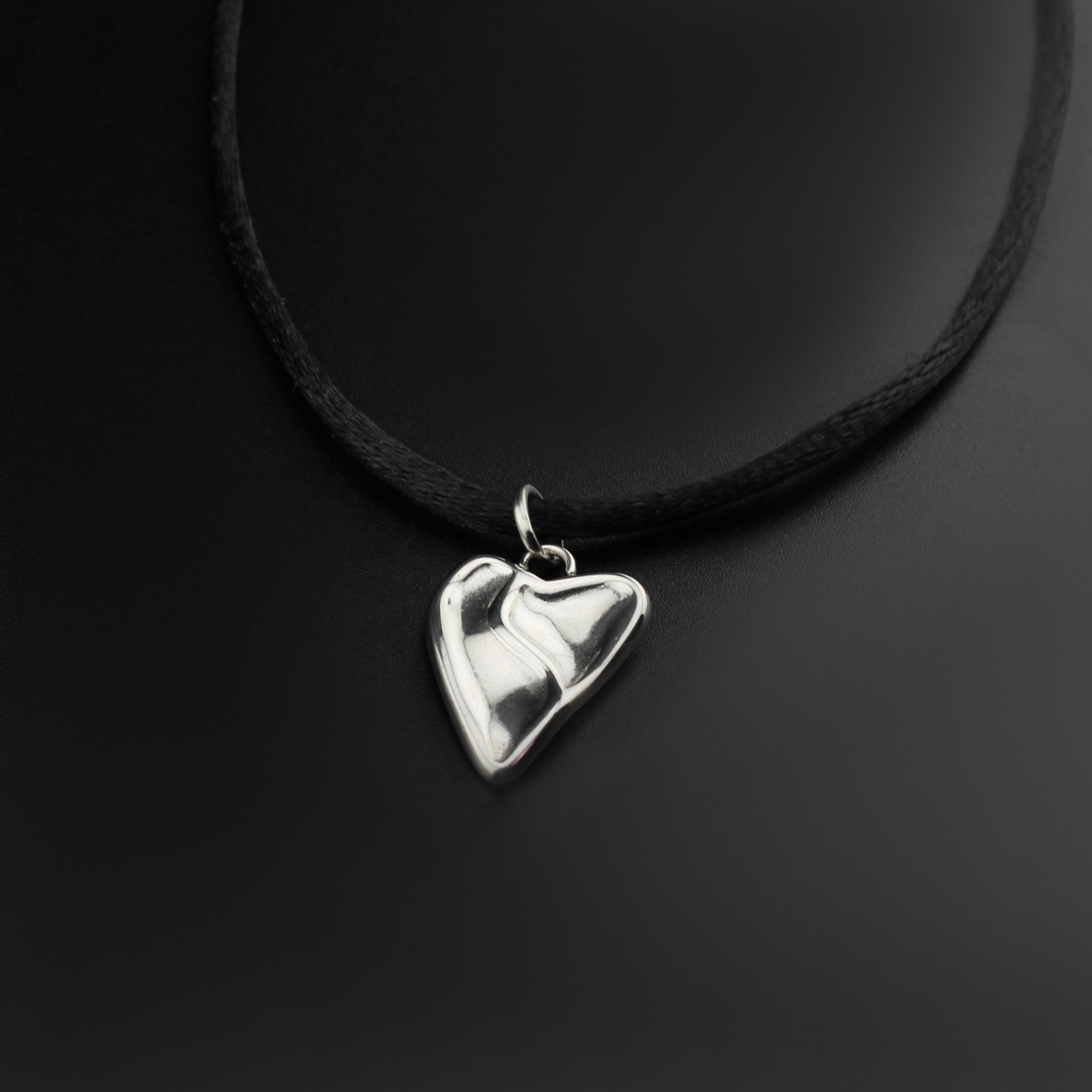 Silver Heart Pendant Necklace Black Satin Silk Cord Stainless Steel Jewelry