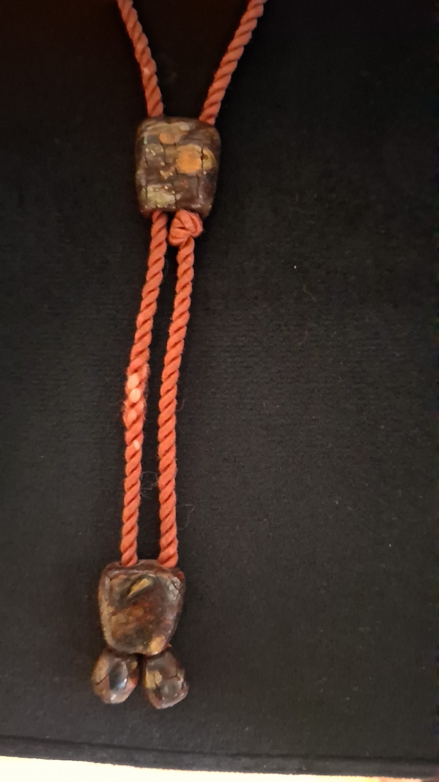 Vintage Cord Bolo Tie Lariat Necklace Wooden Beads Gold Fleck Boho Southwestern