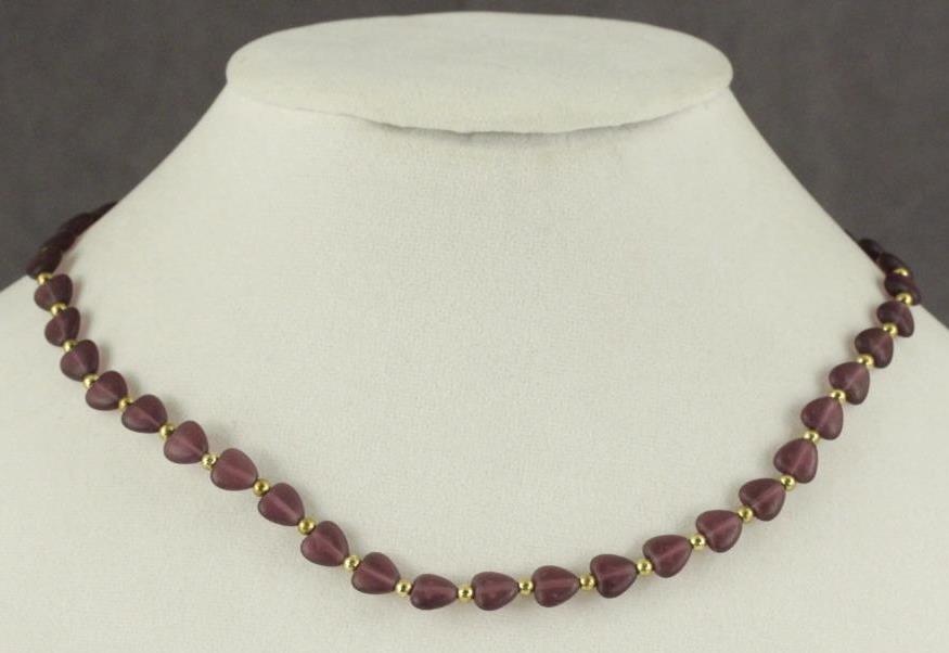 Modern Costume Jewelry EVOKE Choker Necklace Purple Satin Heart Gold Tone Beads