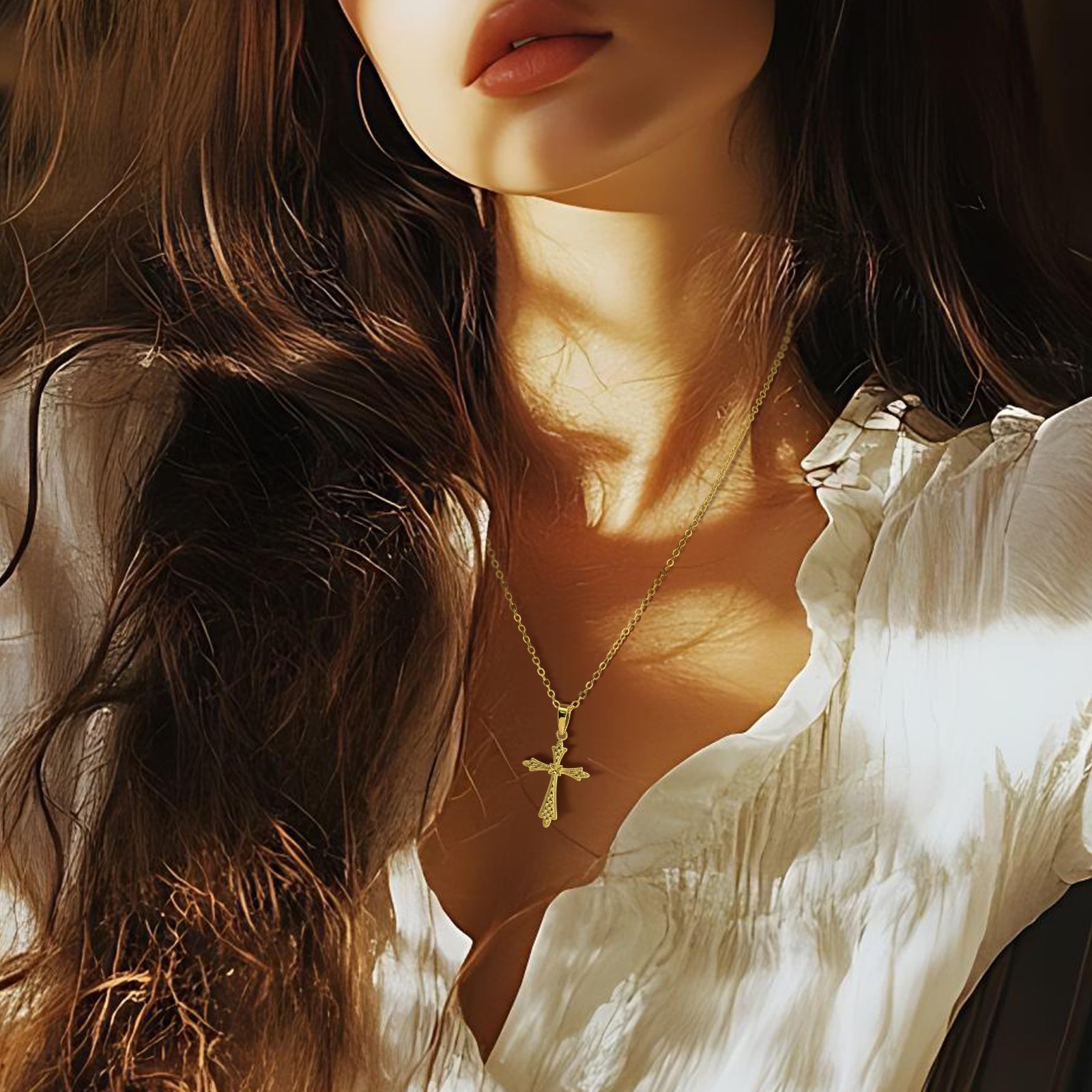 Gold Cross Necklace for Women, 14K Vintage-Inspired Pendant Chain, 26mm Jewelry