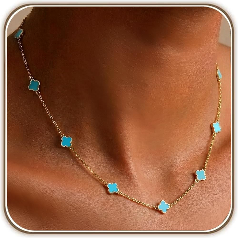 14K Gold Plated Tiny Clovers Necklace for Women, Very Small Dainty Gold Plated 4