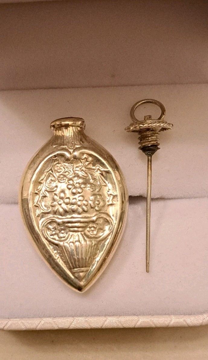 Antique Sterling Silver Perfume Bottle Necklace Floral Motif with Silver Chain