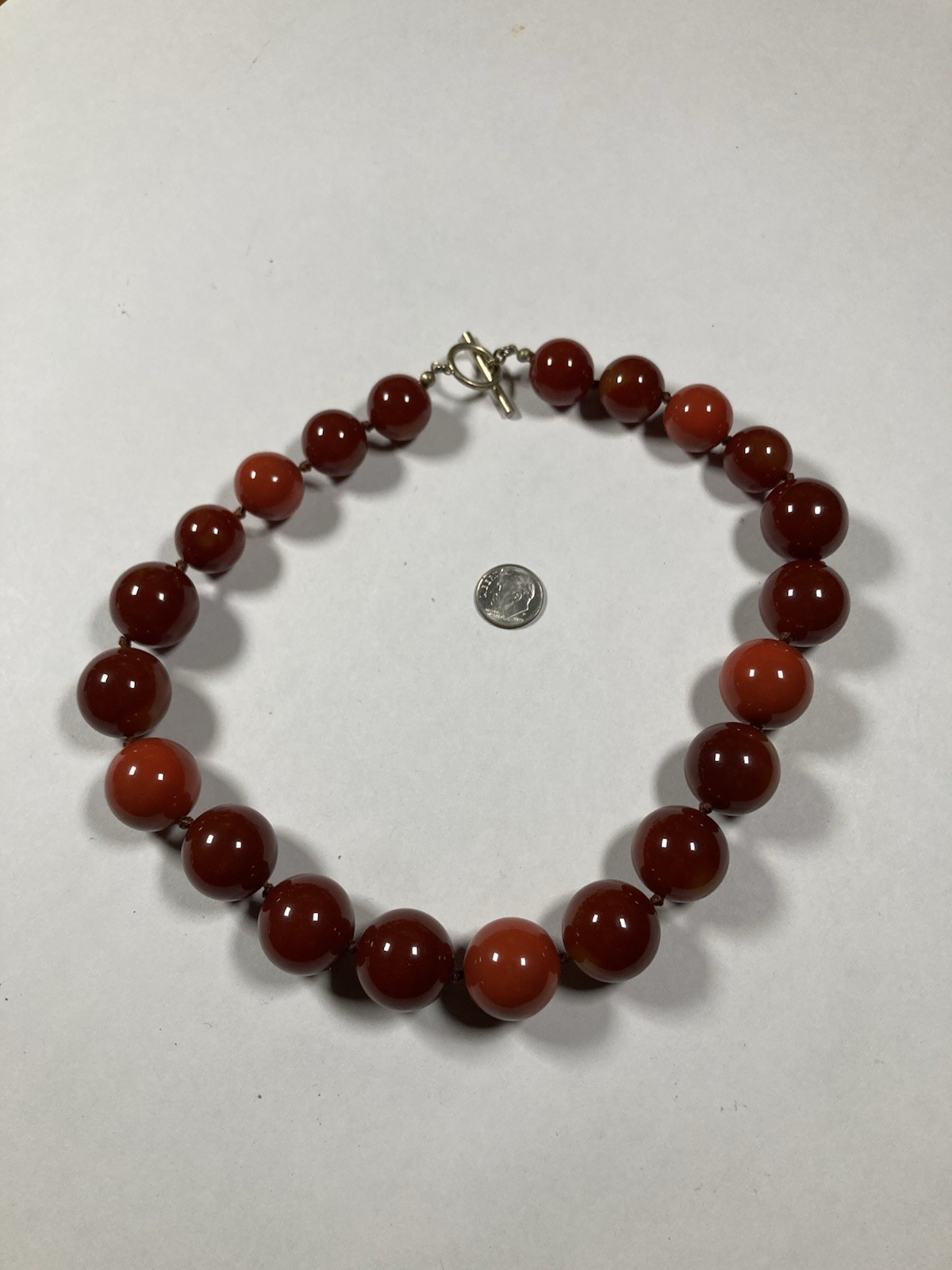 Red Round Bead Necklace Silver Tone Ball Chain Toggle Clasp