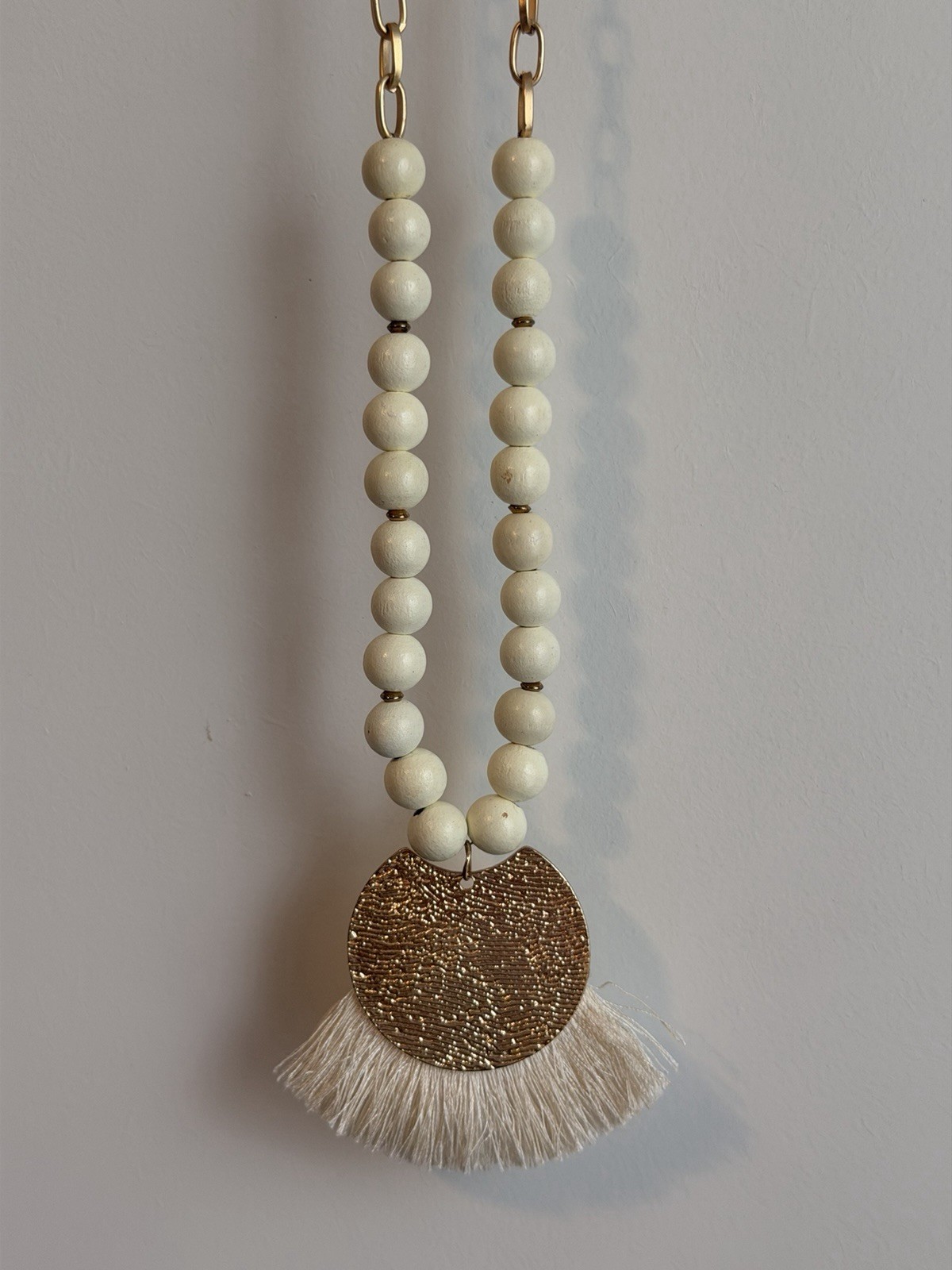 Long Gold Tone Oval Link Chain Necklace White Beads Round Pendant Tassel Fringe
